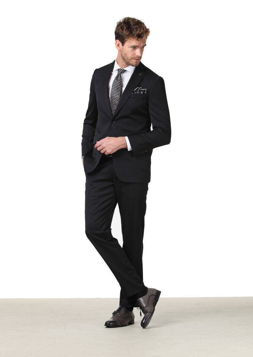 Black Plain Regular Fit 100% Wool Suit - 1