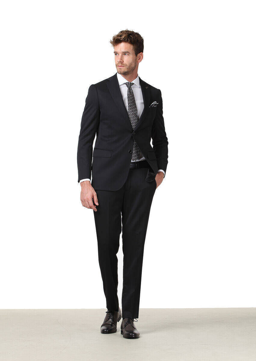 Black Plain Regular Fit 100% Wool Suit - 2