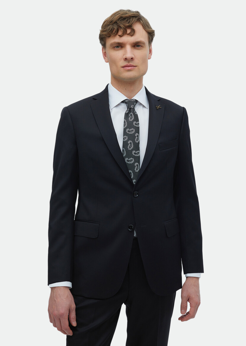 Black Plain Regular Fit 100% Wool Suit - 1