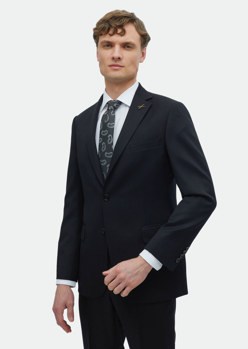 Black Plain Regular Fit 100% Wool Suit - 3