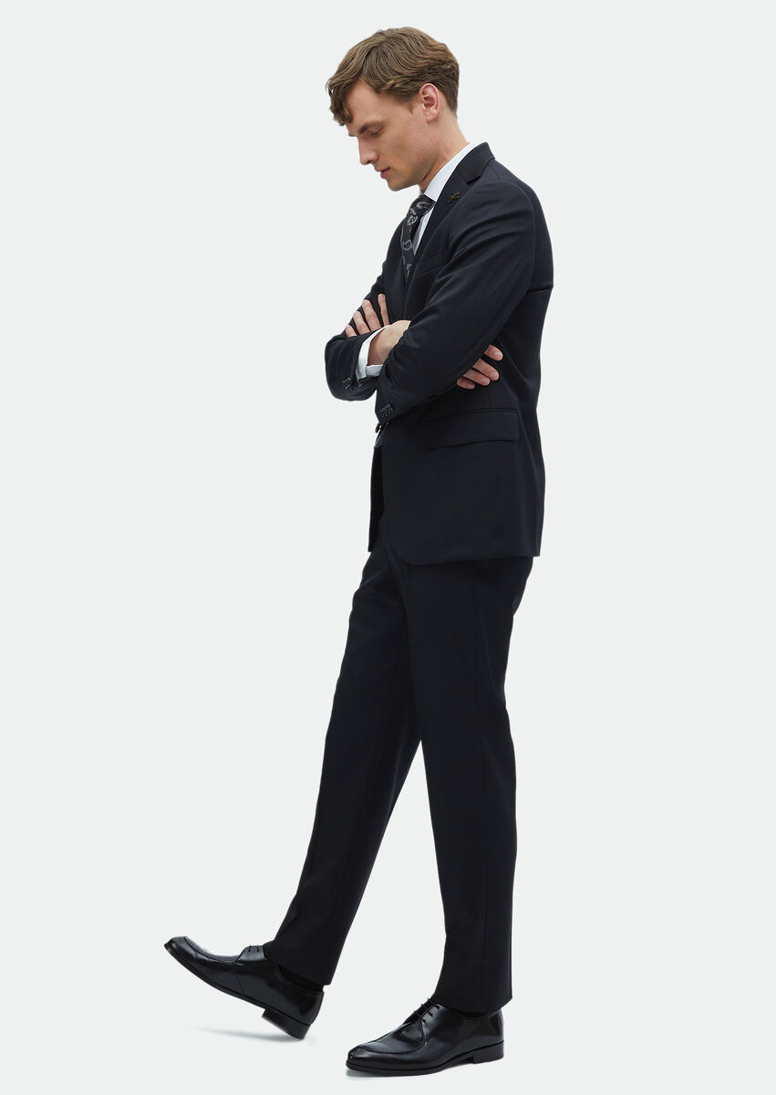 Black Plain Regular Fit 100% Wool Suit - 4