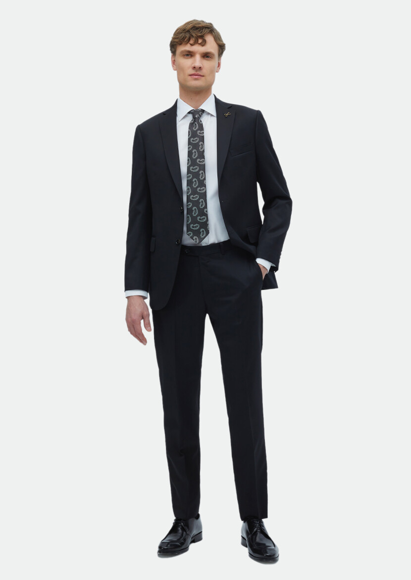 Black Plain Regular Fit 100% Wool Suit - 2