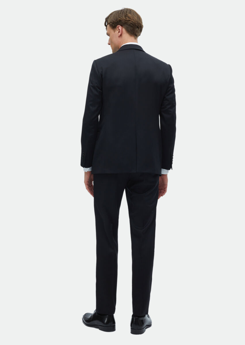 Black Plain Regular Fit 100% Wool Suit - 7