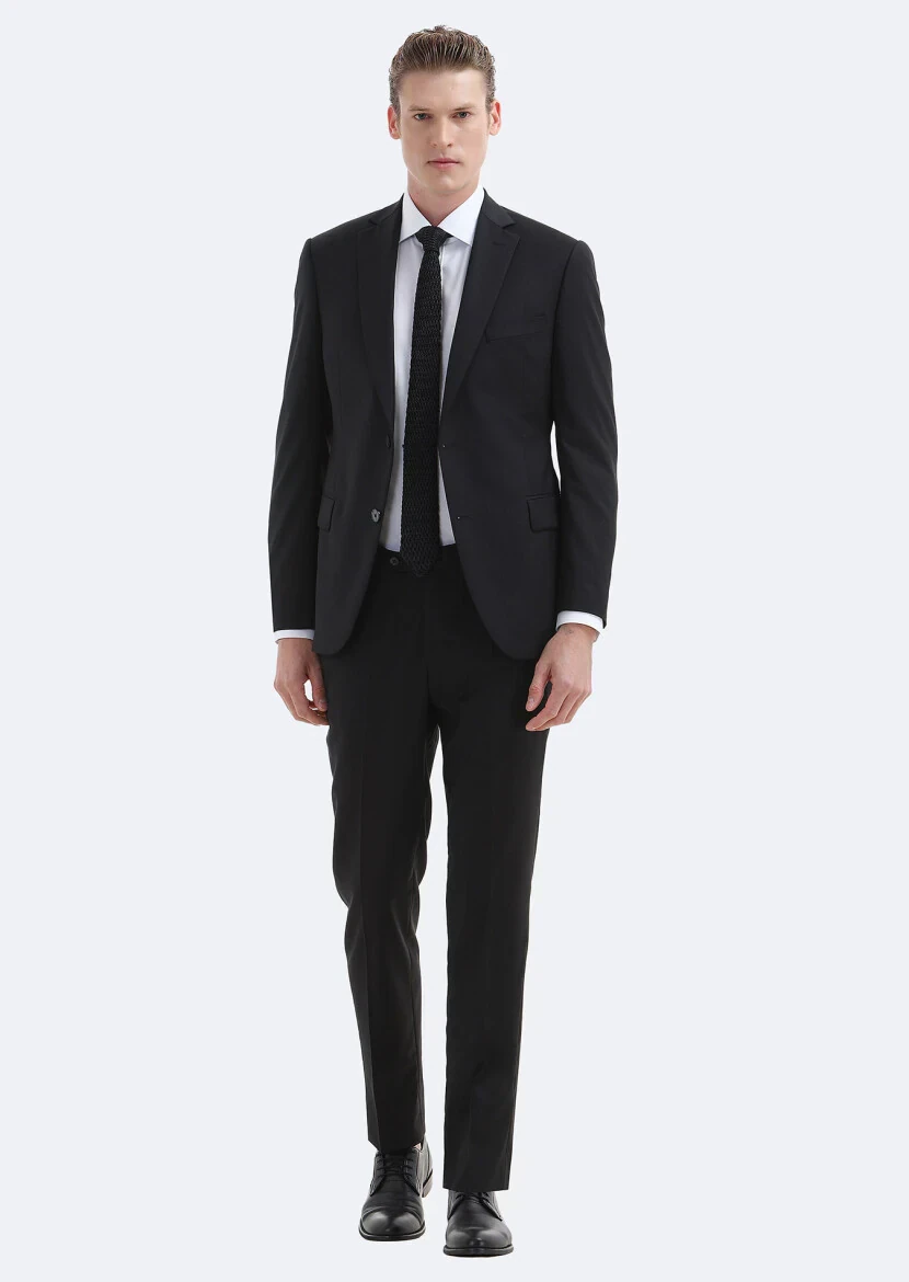Black Plain Regular Fit 100% Wool Suit - 1