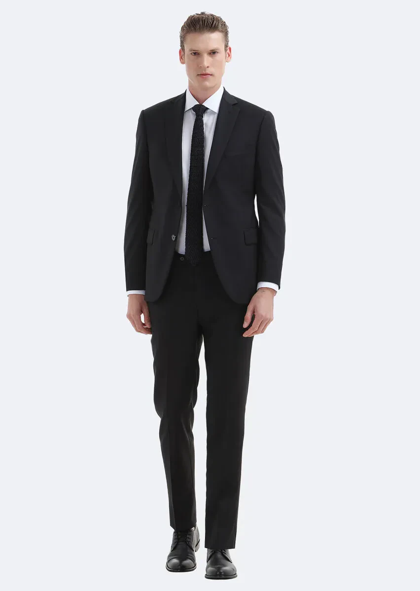 Black Plain Regular Fit 100% Wool Suit - 1