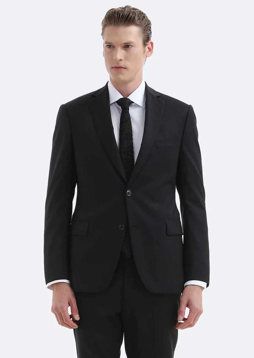 Black Plain Regular Fit 100% Wool Suit - 2