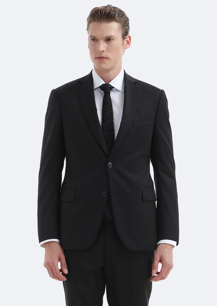 Black Plain Regular Fit 100% Wool Suit - 2