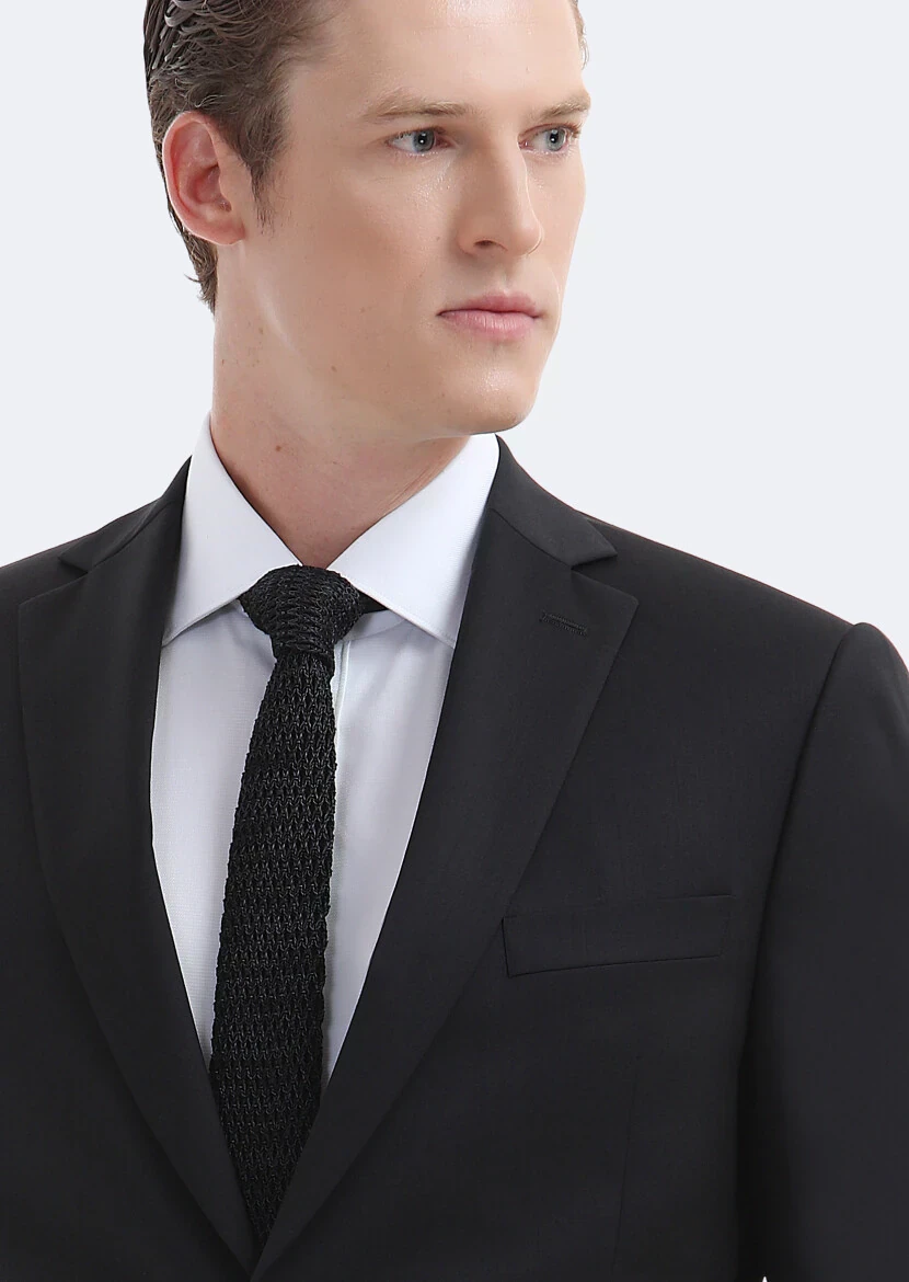 Black Plain Regular Fit 100% Wool Suit - 4
