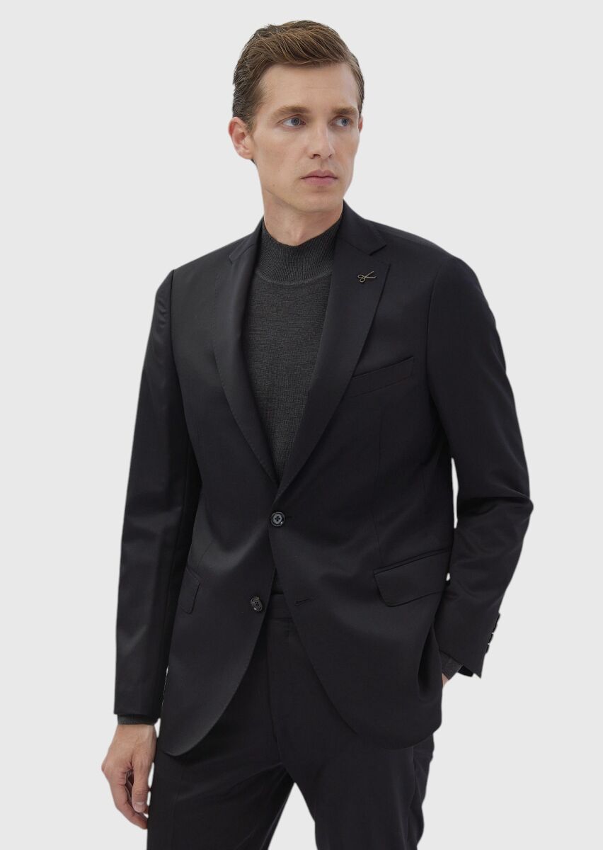 Black Plain Regular Fit 100% Wool Suit - 1