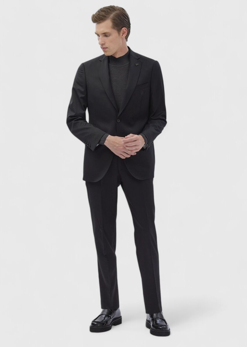 Black Plain Regular Fit 100% Wool Suit - 2