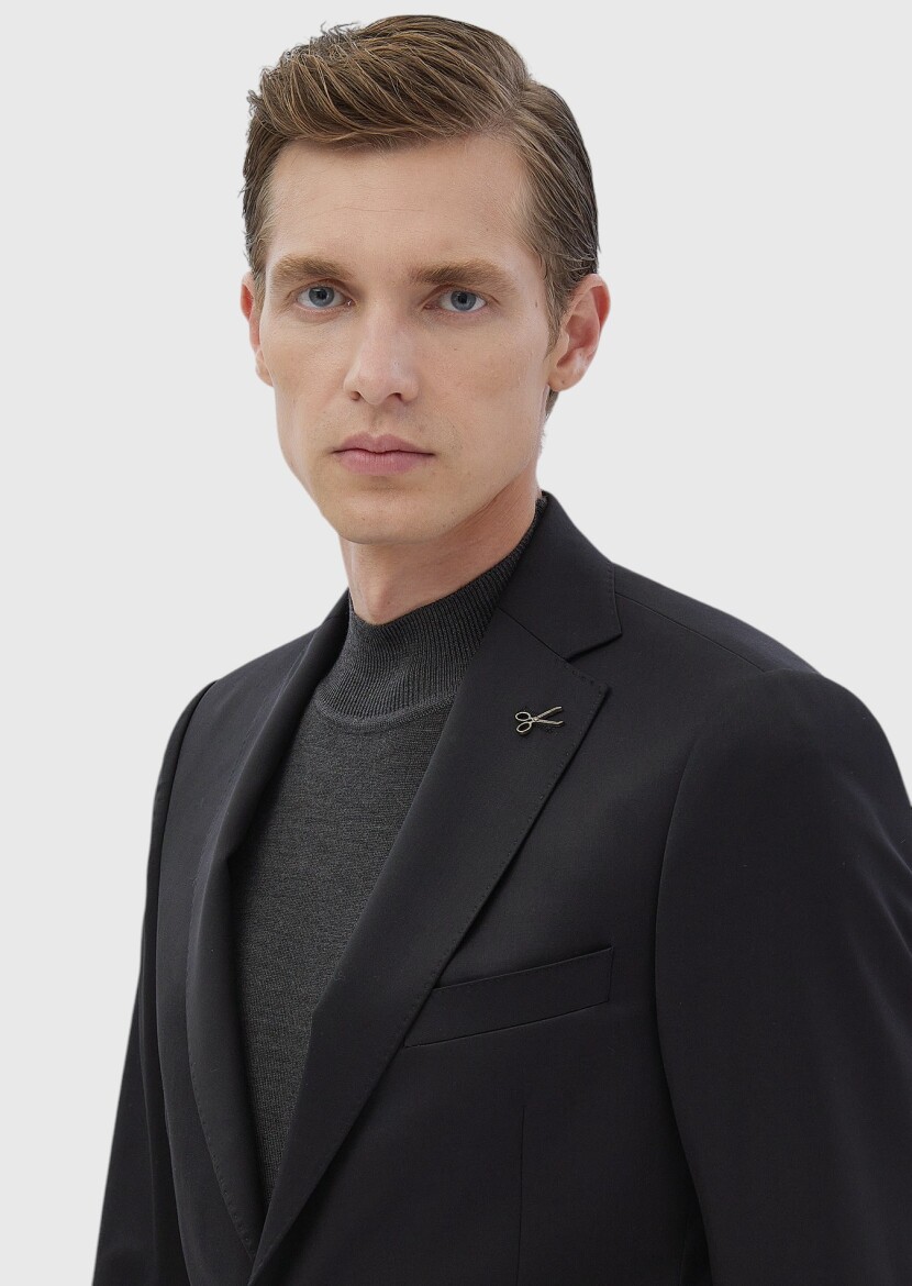 Black Plain Regular Fit 100% Wool Suit - 3