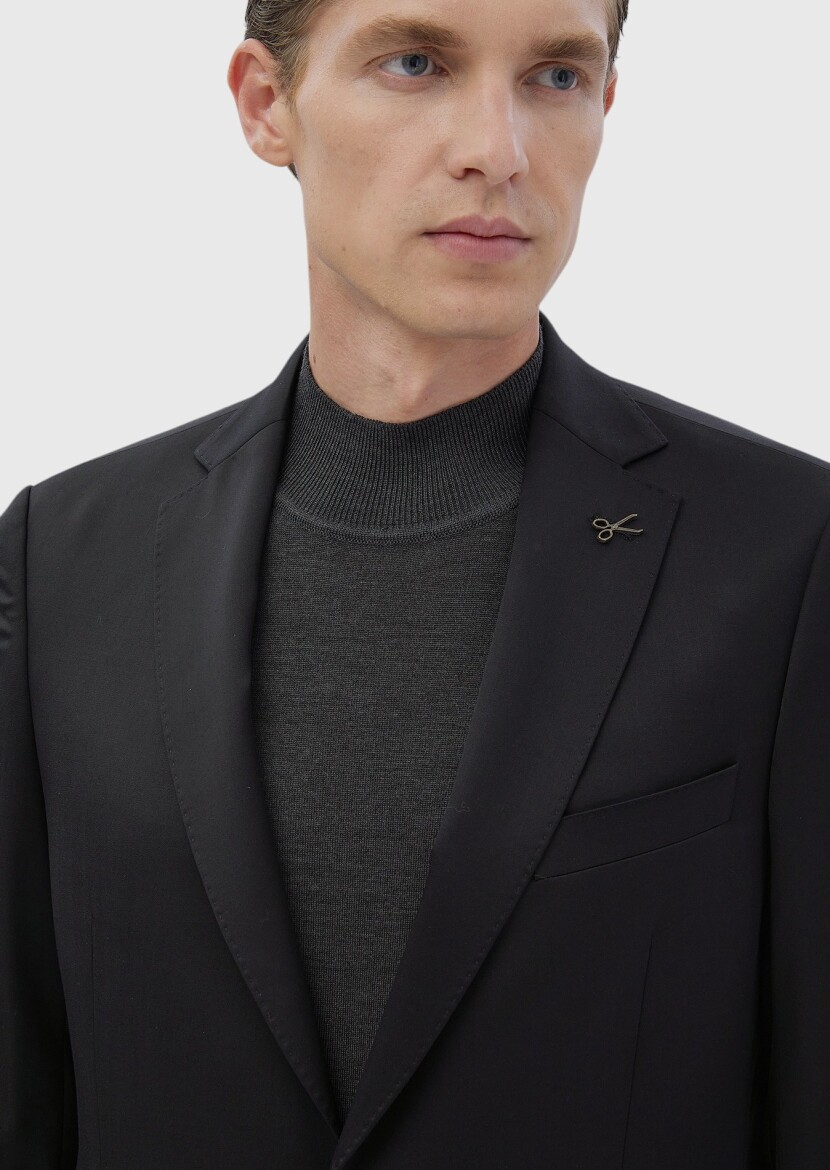 Black Plain Regular Fit 100% Wool Suit - 4