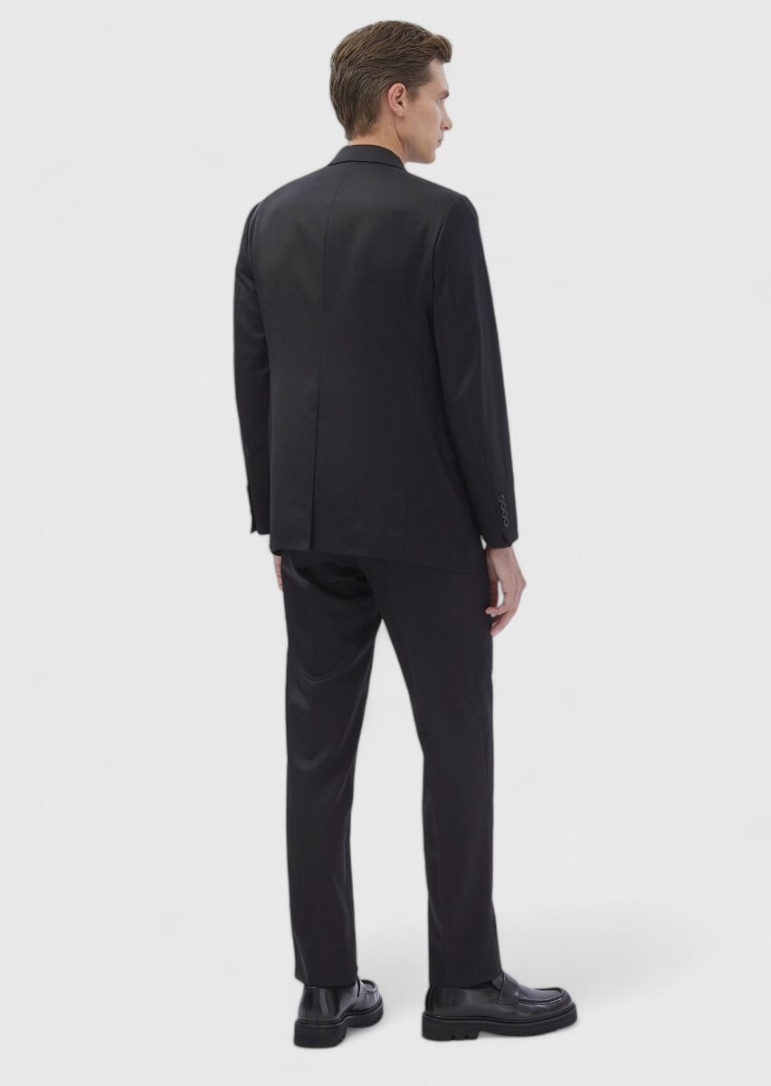 Black Plain Regular Fit 100% Wool Suit - 6