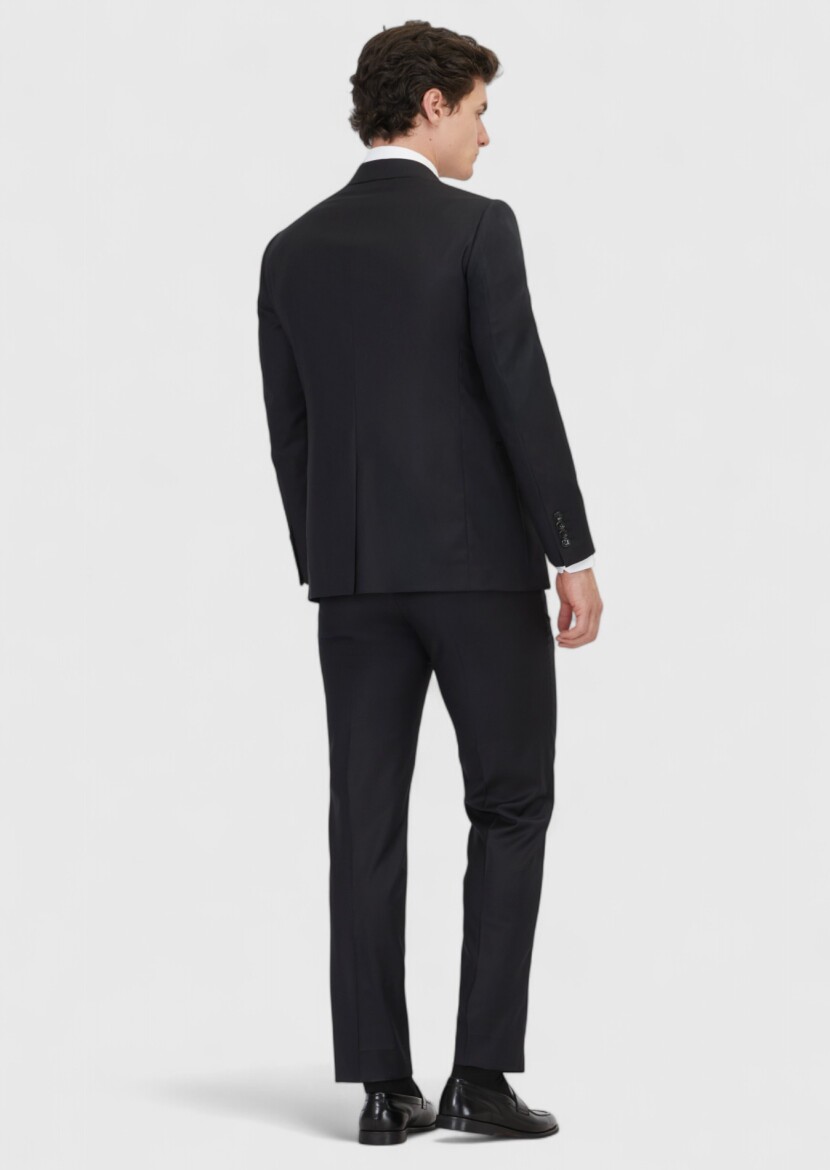 Black Plain Regular Fit 100% Wool Suit - 5