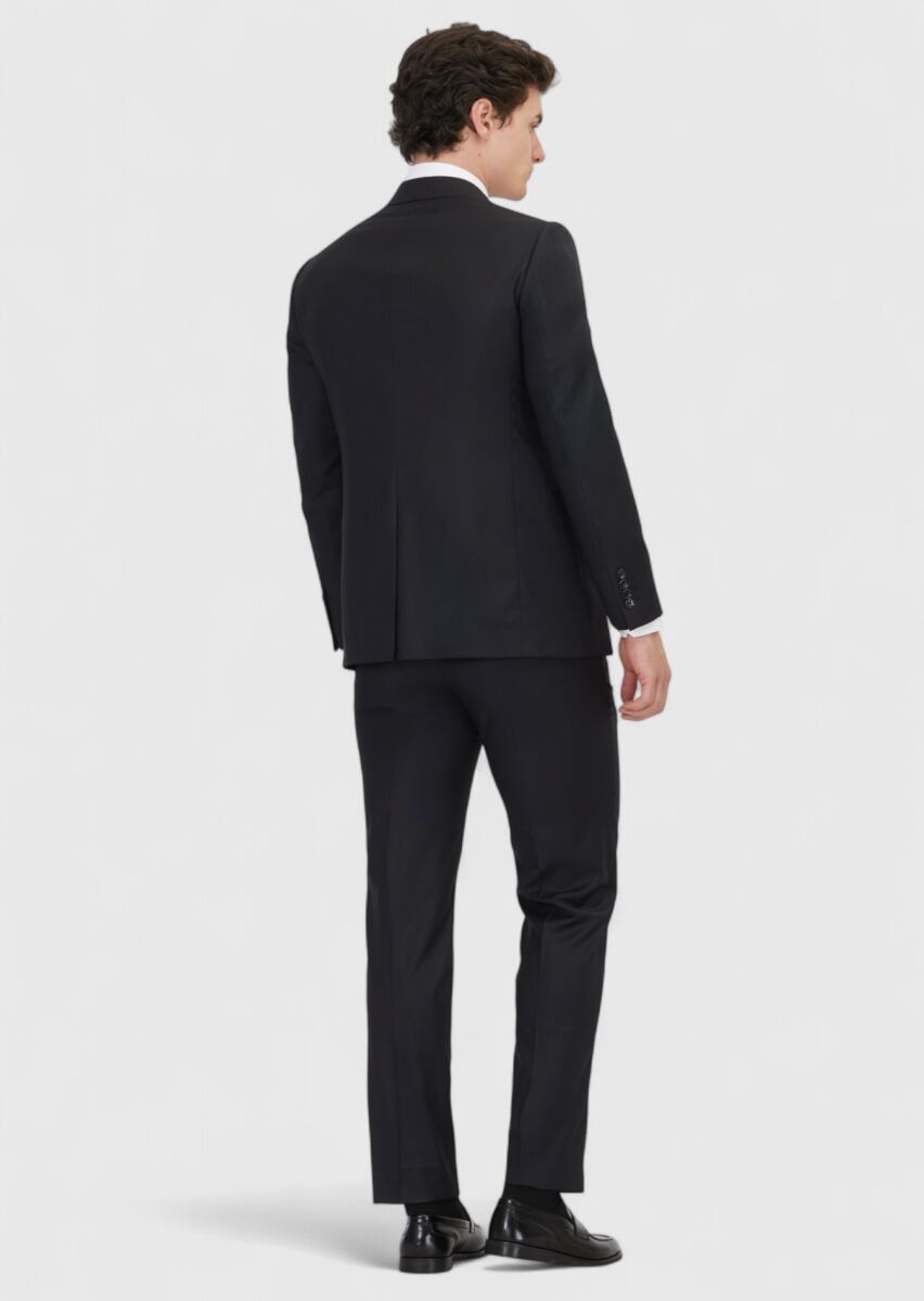 Black Plain Regular Fit 100% Wool Suit - 5