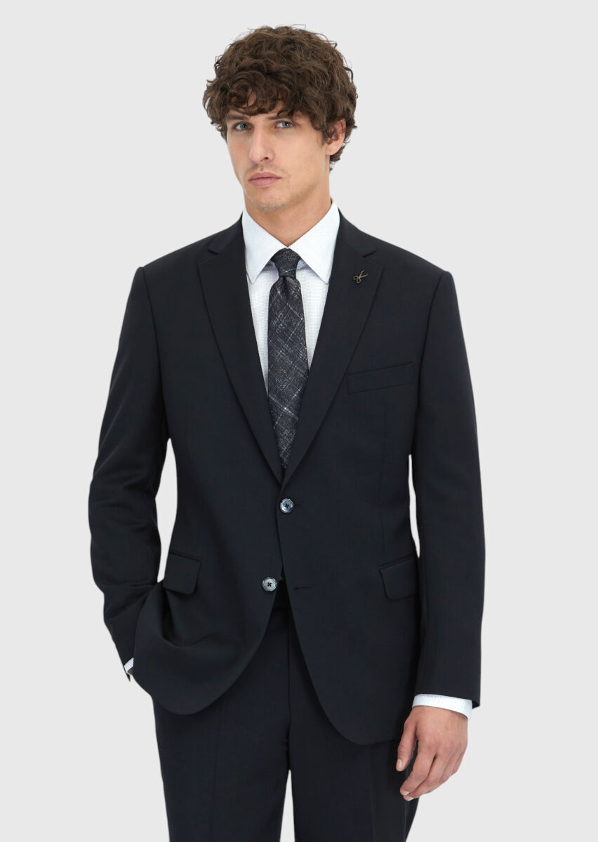 Black Plain Regular Fit 100% Wool Suit - 1