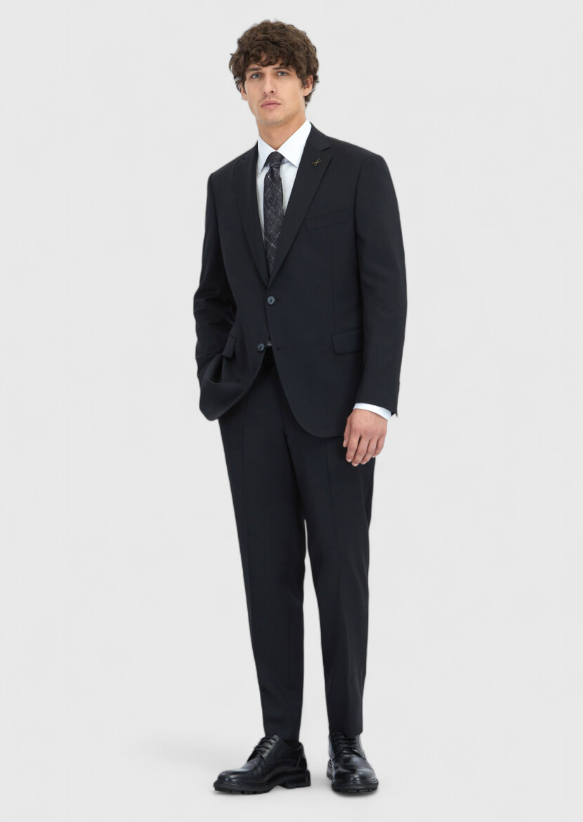 Black Plain Regular Fit 100% Wool Suit 