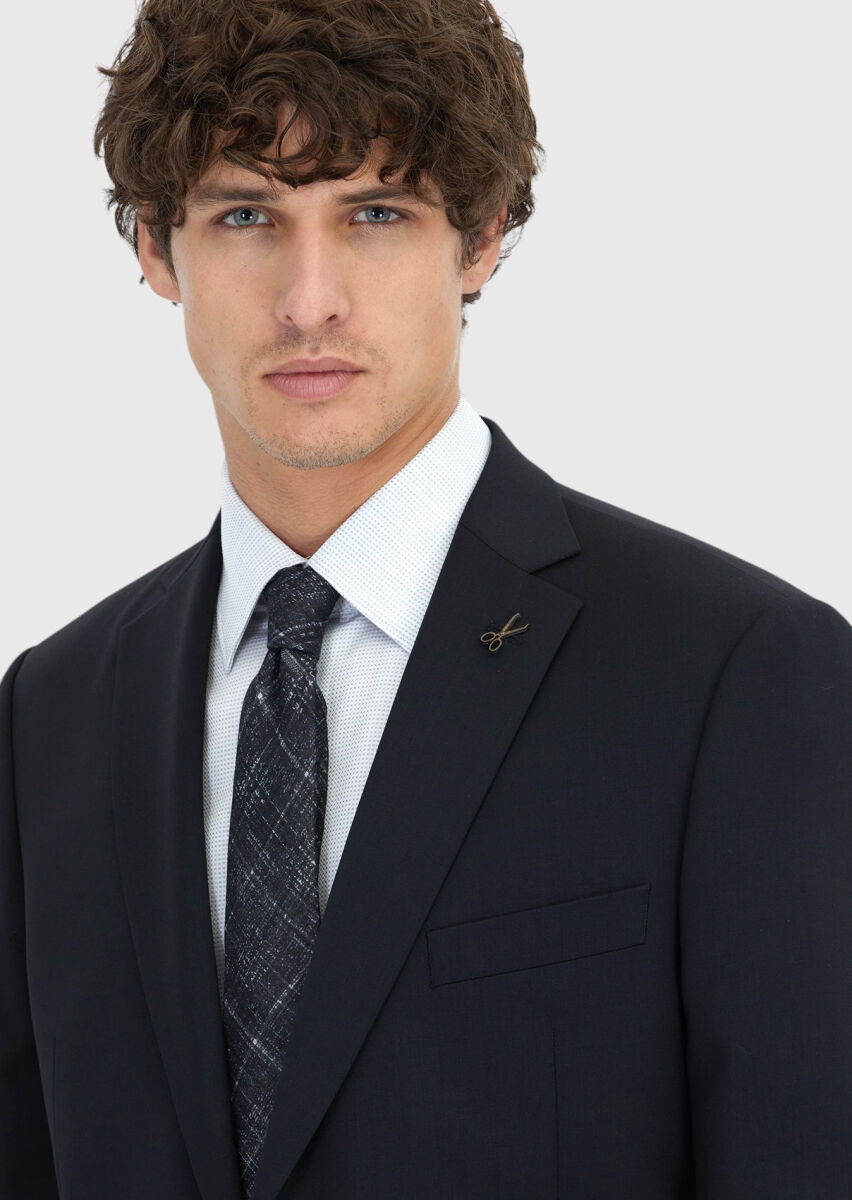 Black Plain Regular Fit 100% Wool Suit - 4