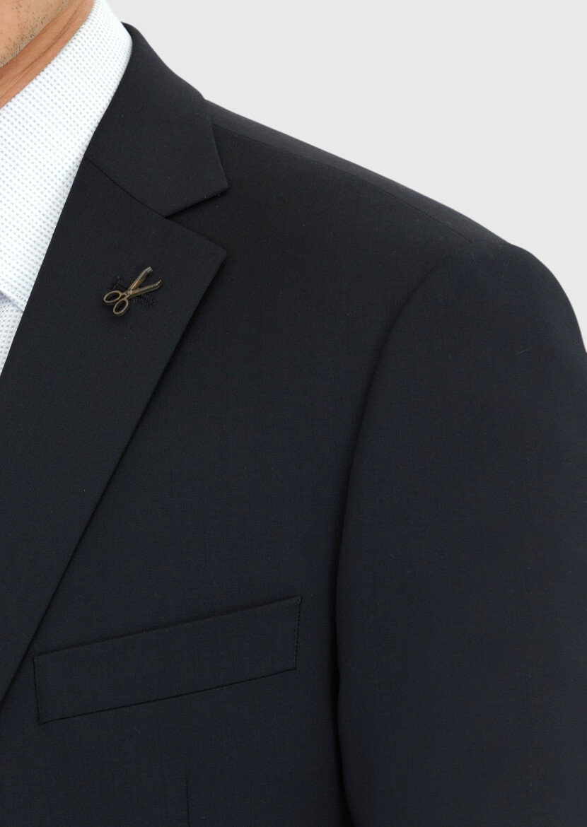 Black Plain Regular Fit 100% Wool Suit - 5