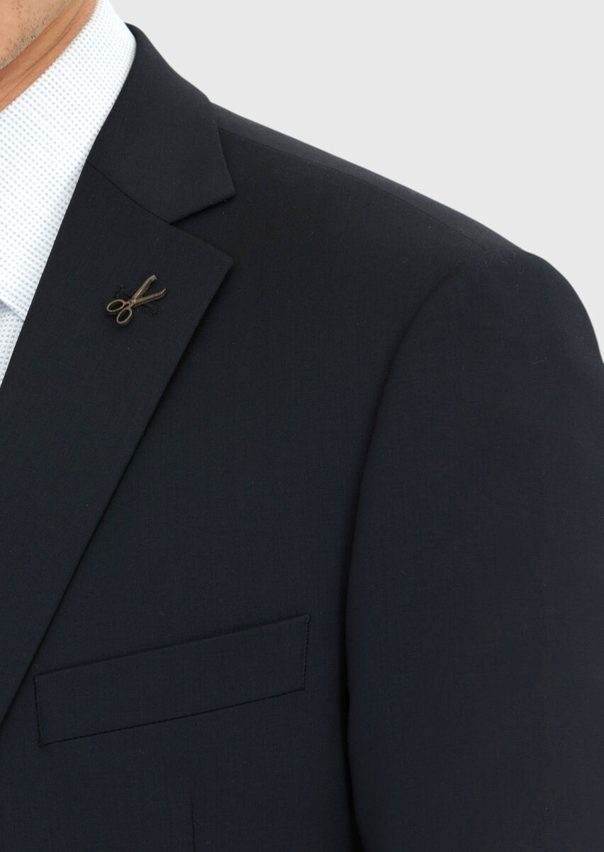 Black Plain Regular Fit 100% Wool Suit - 5