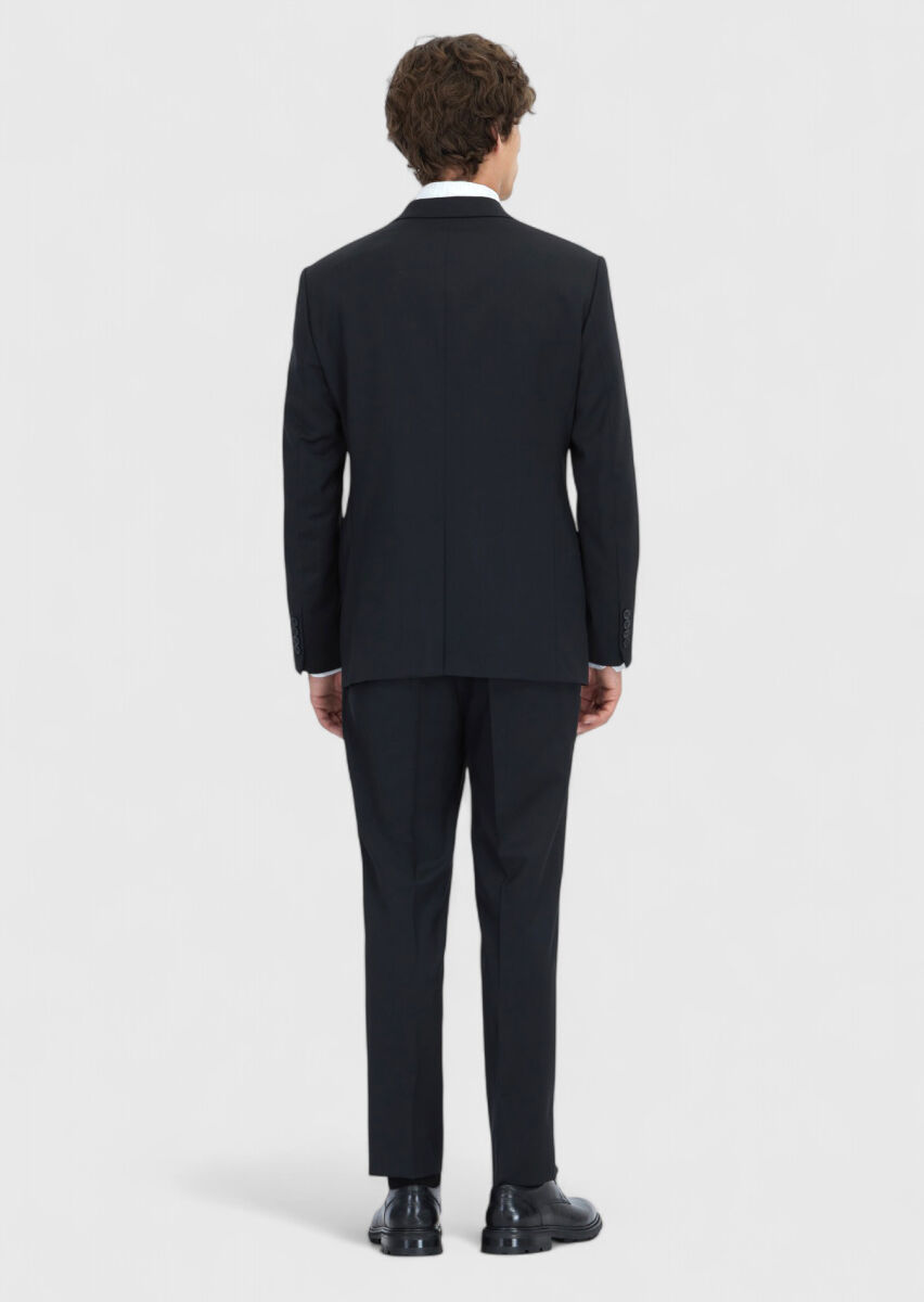 Black Plain Regular Fit 100% Wool Suit - 7