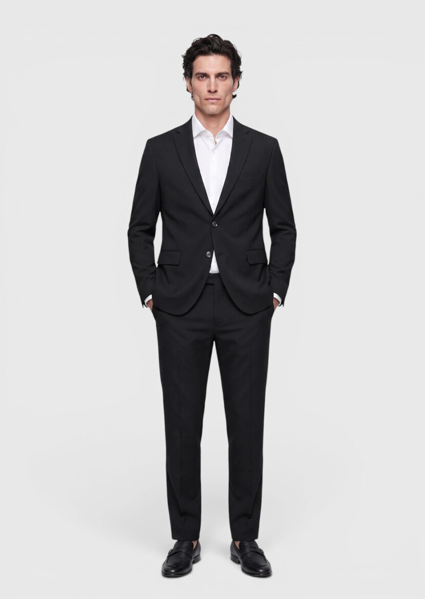 Black Plain Regular Fit 100% Wool Suit - RAMSEY