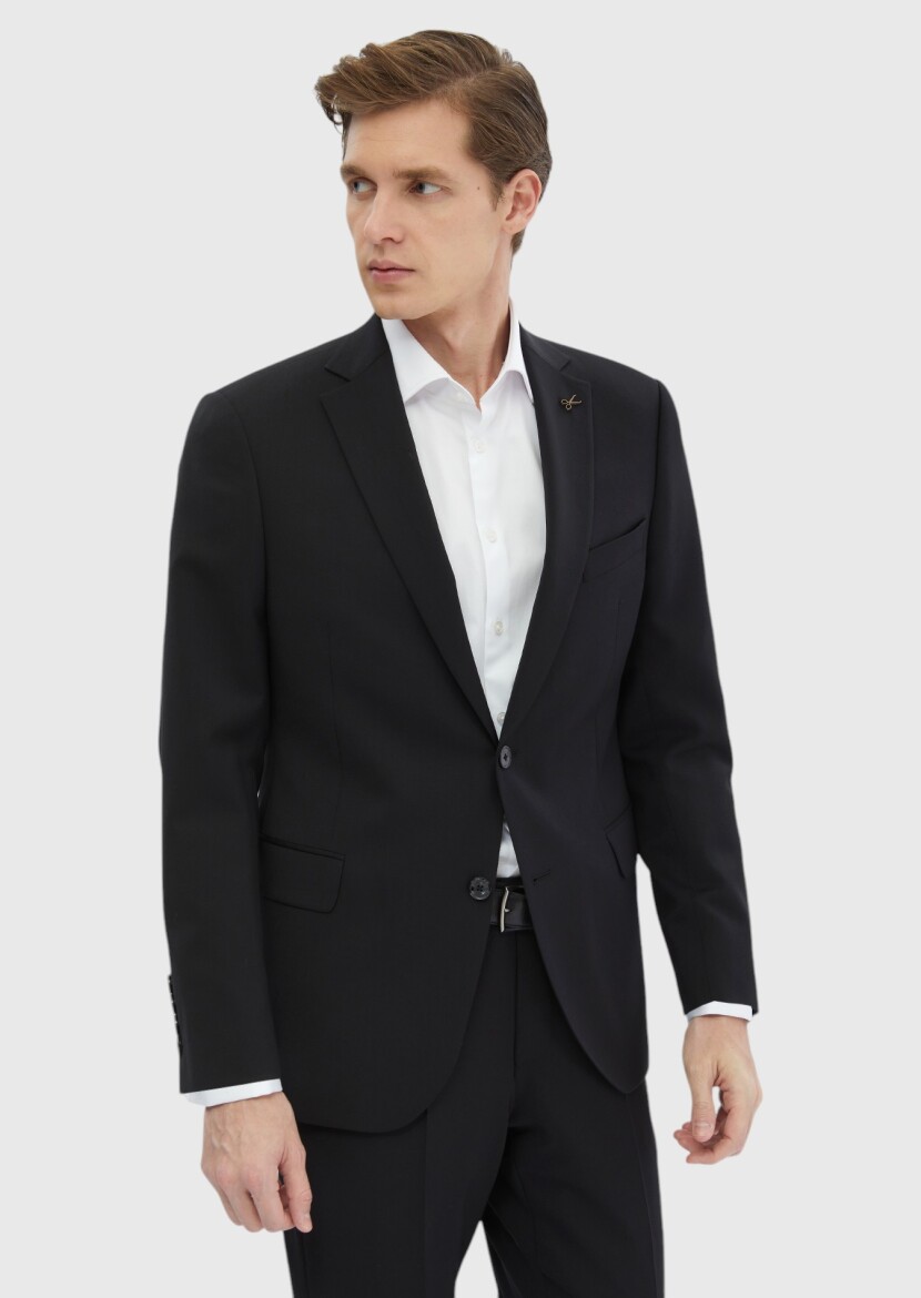 Black Plain Regular Fit 100% Wool Suit - 1