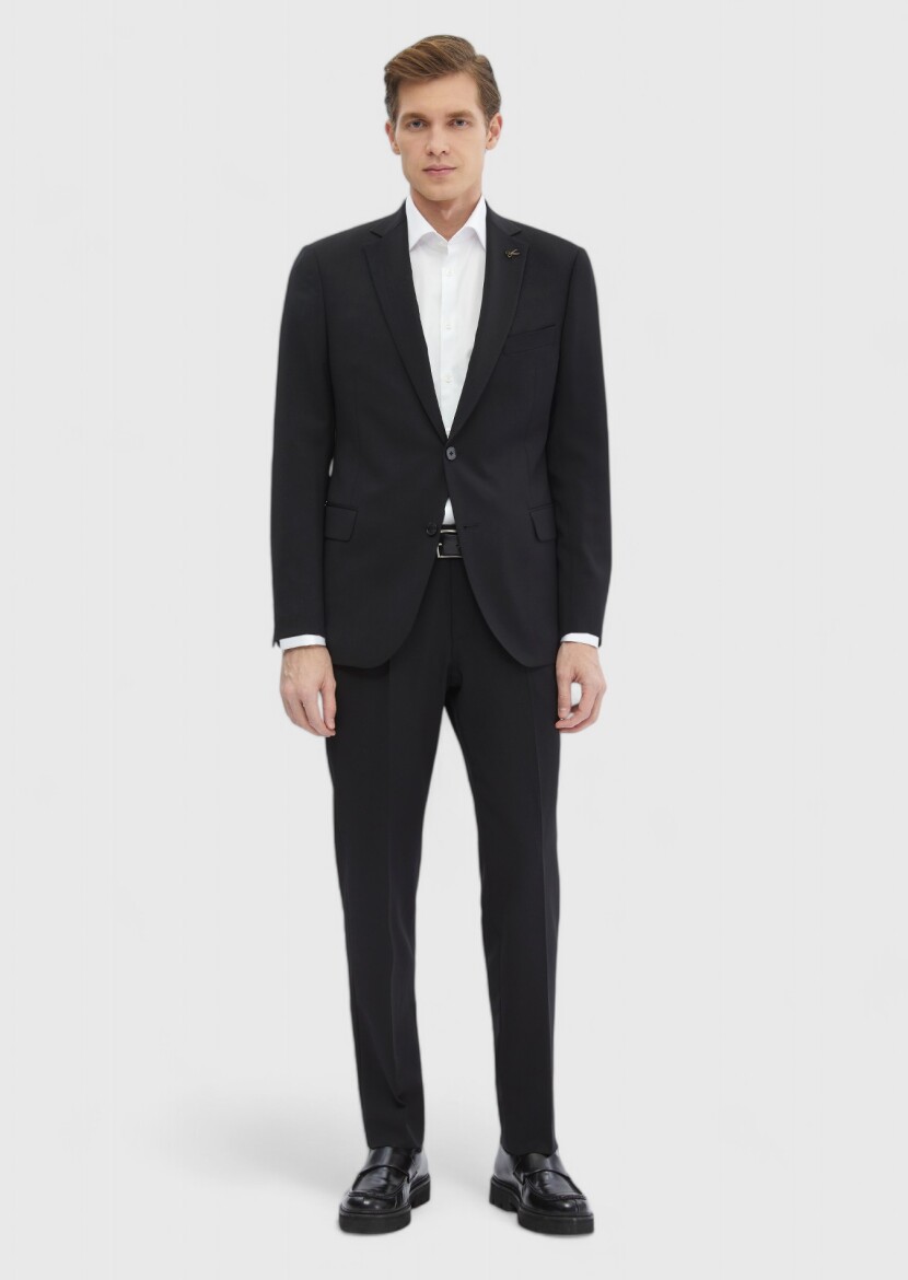 Black Plain Regular Fit 100% Wool Suit - 2