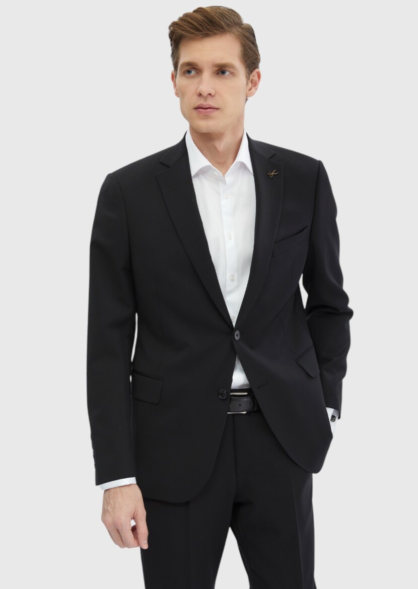 Black Plain Regular Fit 100% Wool Suit - 3