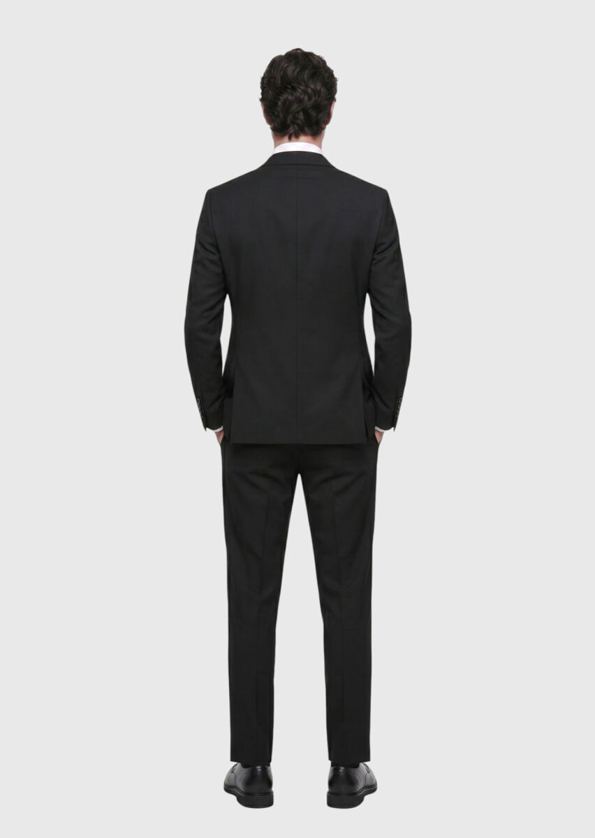 Black Plain Regular Fit 100% Wool Suit - 5