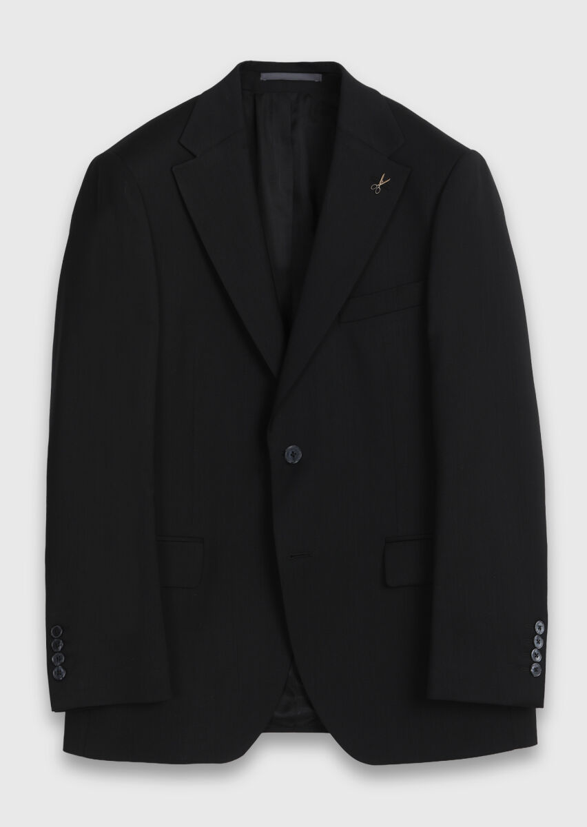 Black Plain Regular Fit 100% Wool Suit - 6