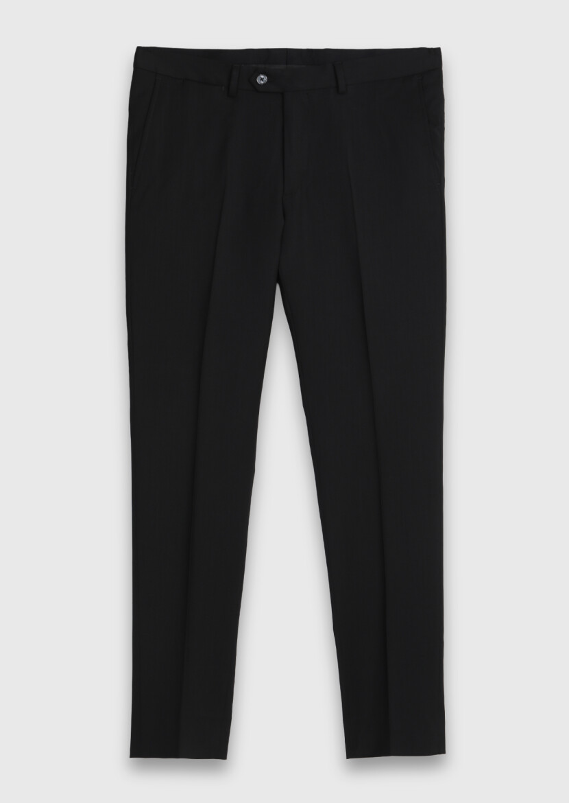 Black Plain Regular Fit 100% Wool Suit - 7
