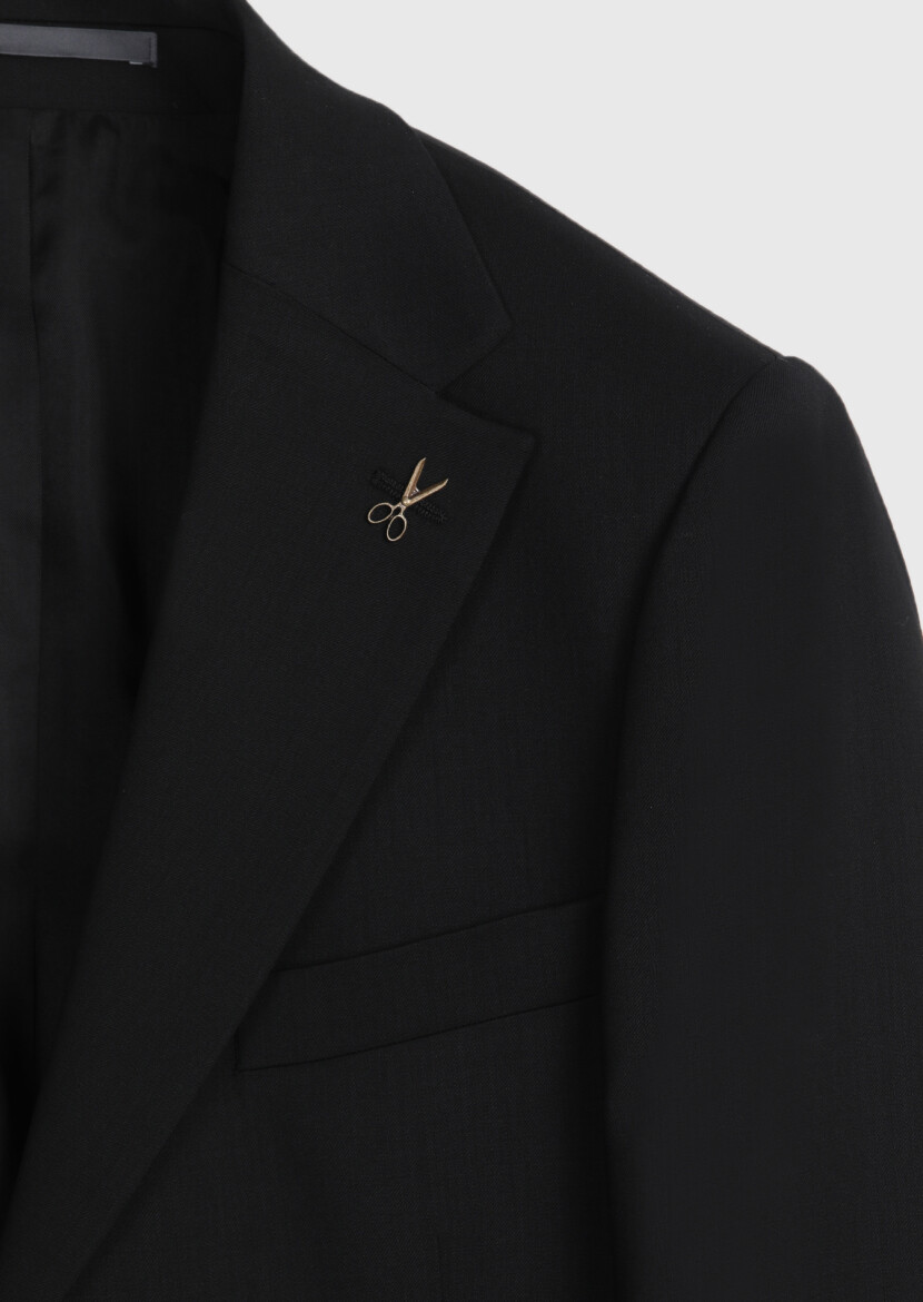 Black Plain Regular Fit 100% Wool Suit - 8