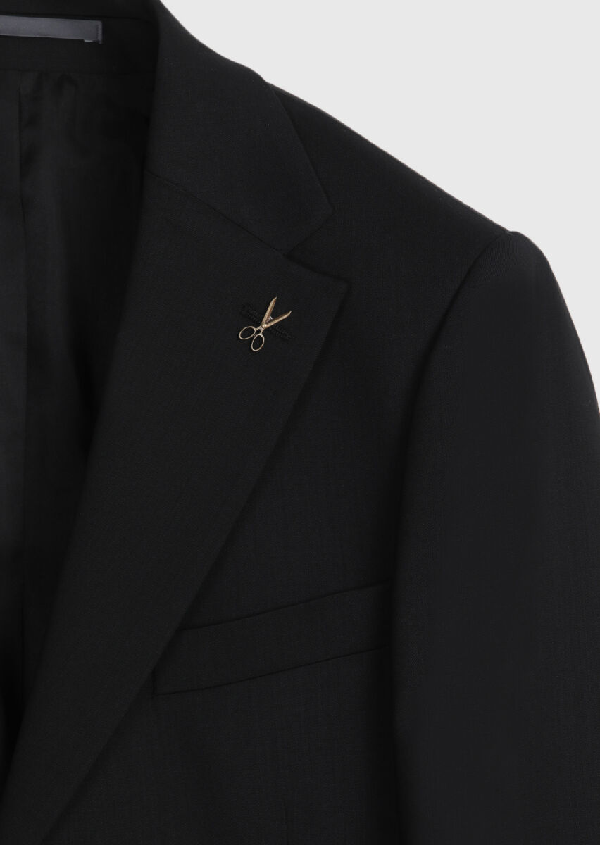 Black Plain Regular Fit 100% Wool Suit - 8