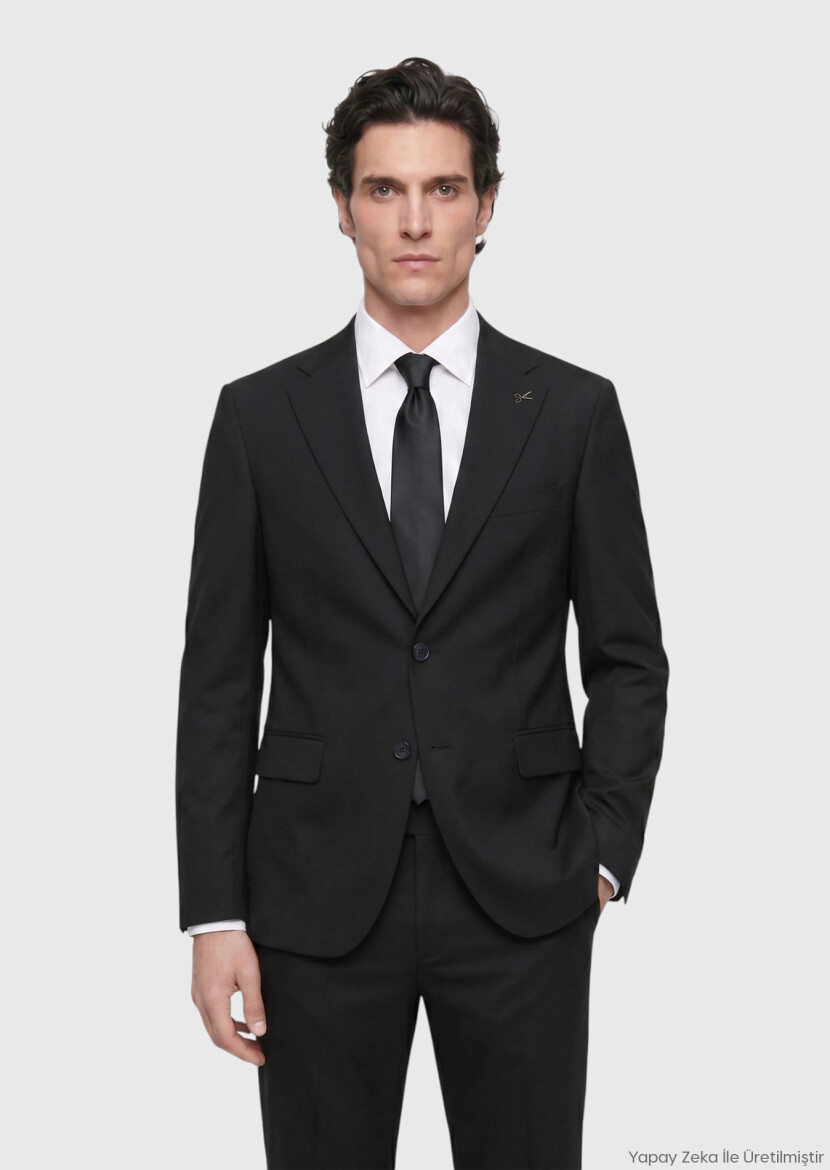 Black Plain Regular Fit 100% Wool Suit - RAMSEY