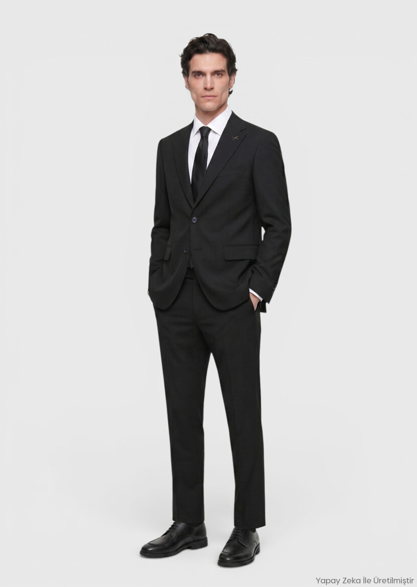 Black Plain Regular Fit 100% Wool Suit - RAMSEY