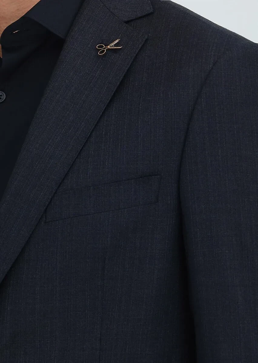 Black Plain Regular Fit 100% Wool Suit - 4