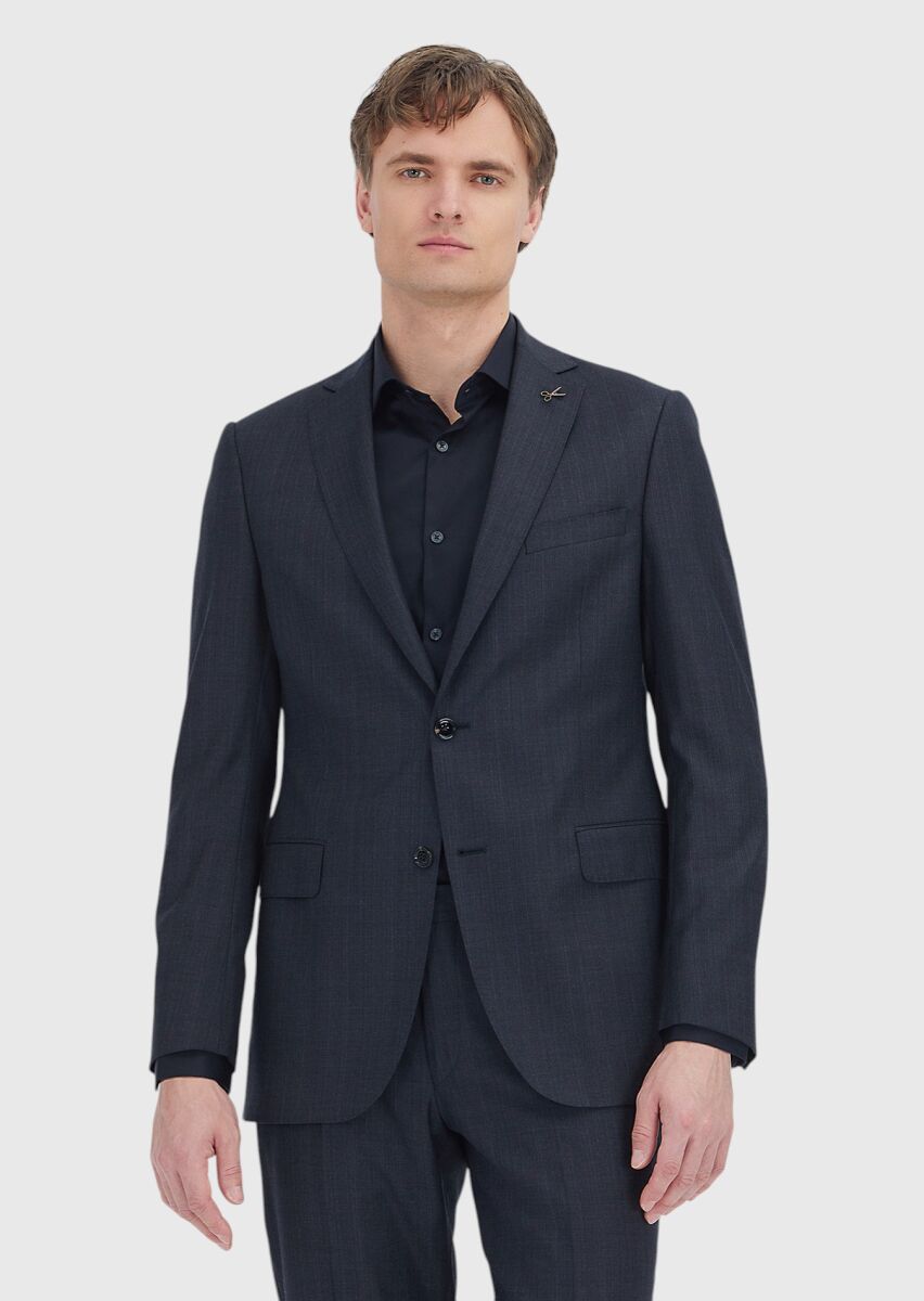 Black Plain Regular Fit 100% Wool Suit - 1