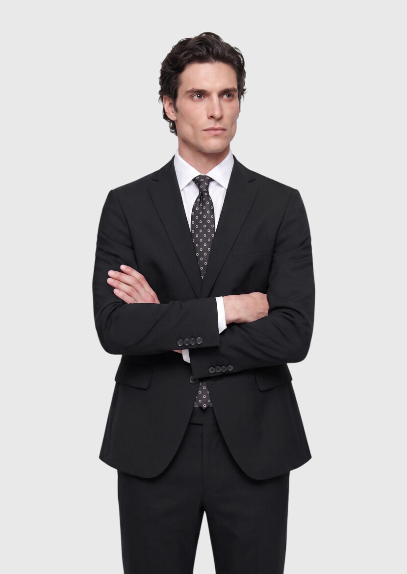 Black Plain Regular Fit 100% Wool Suit - RAMSEY