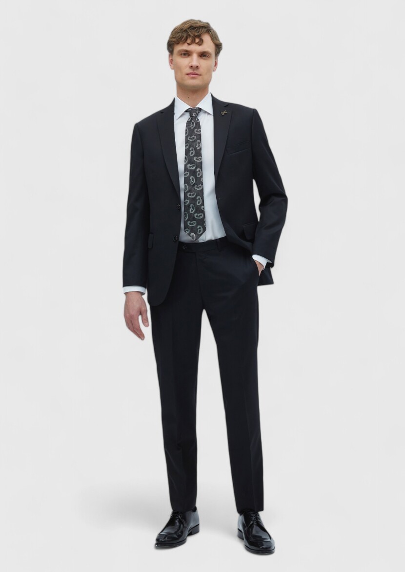 Black Plain Regular Fit 100% Wool Suit - RAMSEY