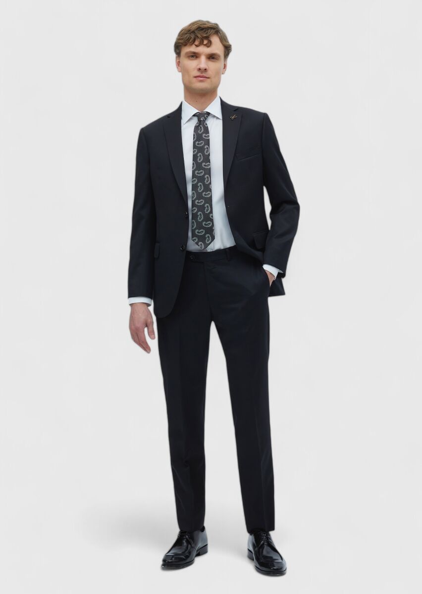 Black Plain Regular Fit 100% Wool Suit - 2