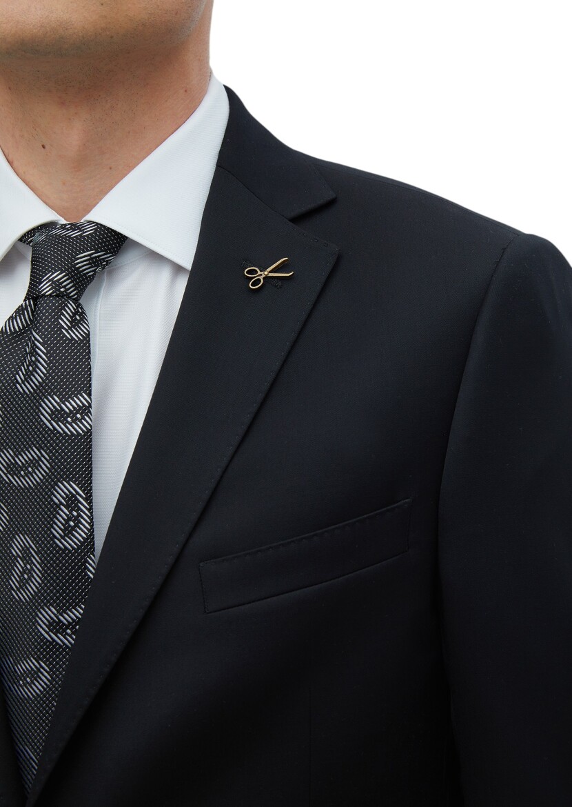 Black Plain Regular Fit 100% Wool Suit - 5