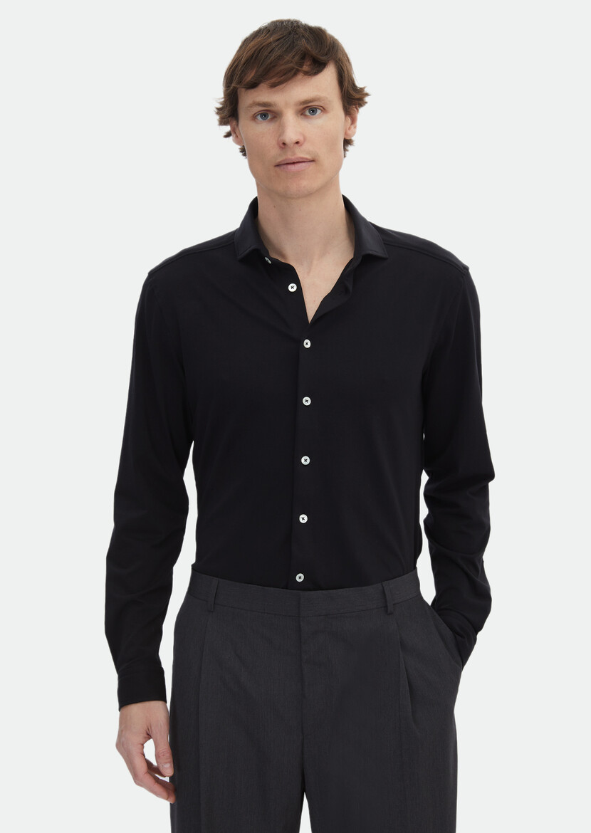 Black Plain Regular Fit Knitting Casual Cotton Blended Shirt 