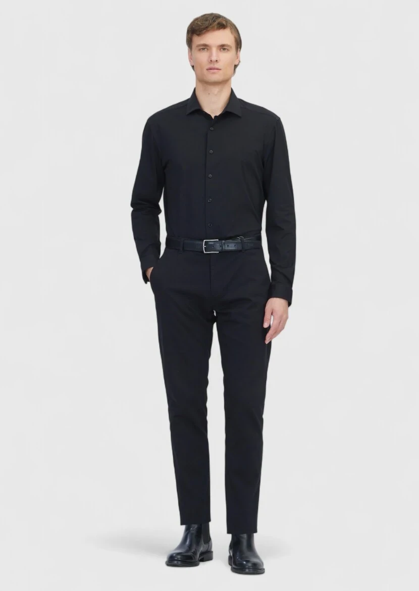 Black Plain Regular Fit Knitting Casual Cotton Blended Shirt - 2