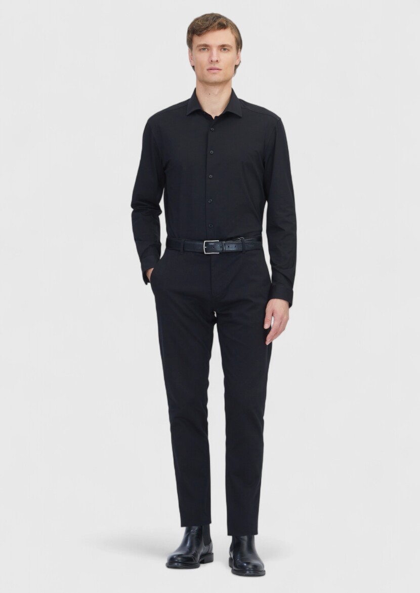 Black Plain Regular Fit Knitting Casual Cotton Blended Shirt 