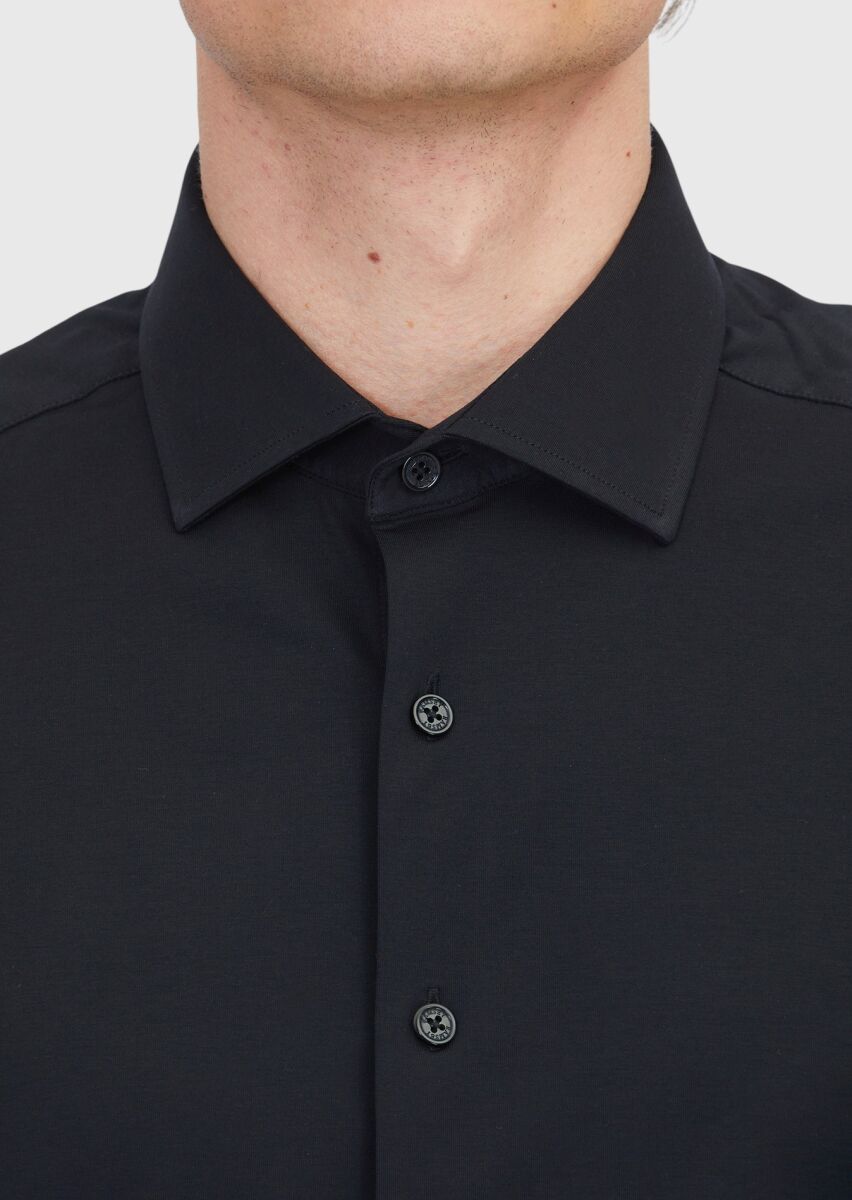 Black Plain Regular Fit Knitting Casual Cotton Blended Shirt - 6