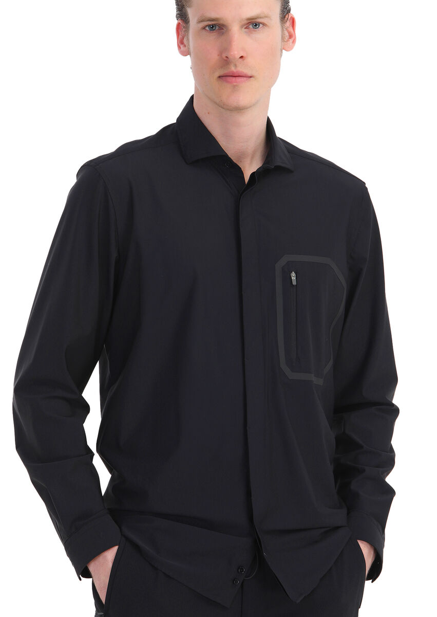 Black Plain Regular Fit Knitting Classical Shirt - 3