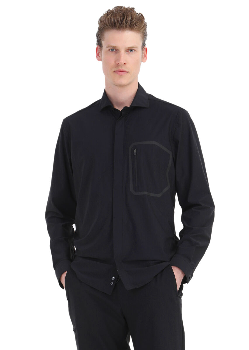 Black Plain Regular Fit Knitting Classical Shirt - 1