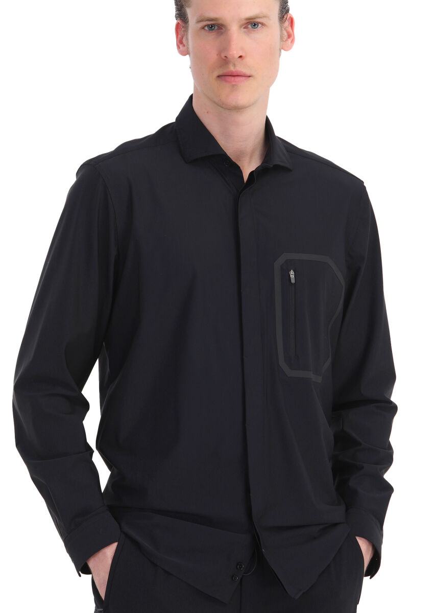 Black Plain Regular Fit Knitting Classical Shirt - 3