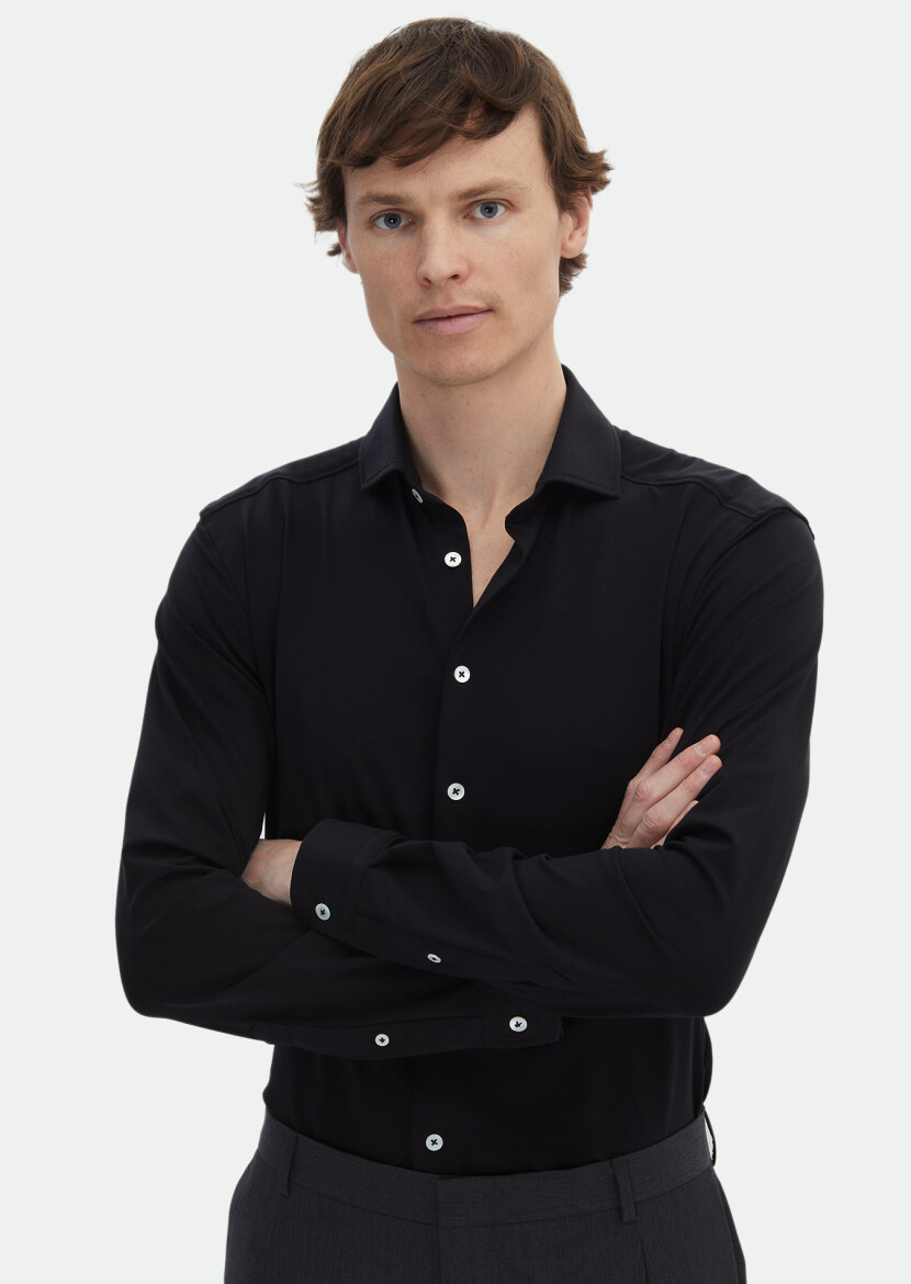 Black Plain Regular Fit Long Knitting Casual Cotton Blended Shirt - 3